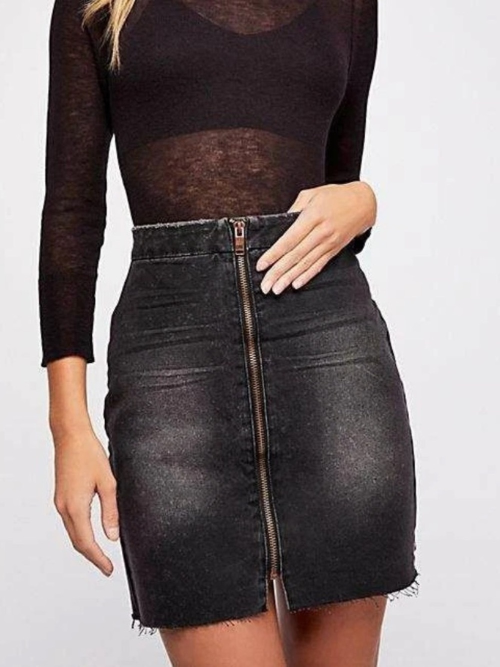 One x One Teaspoon Black Anchor Vixen High Waist A-line Denim Zip Front Skirt